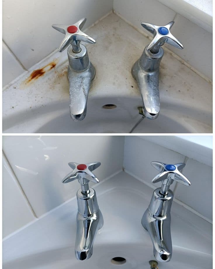 Avant et après : robinets de salle de bain détartrés et polis